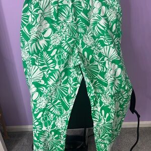 Nicole Muller Green and White Tropical Print Linen Pants